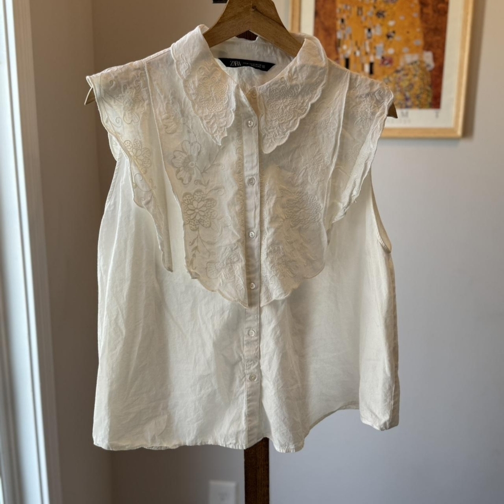 Zara Ivory Sleeveless Embroidered Ruffle Blouse - Picture 3 of 3